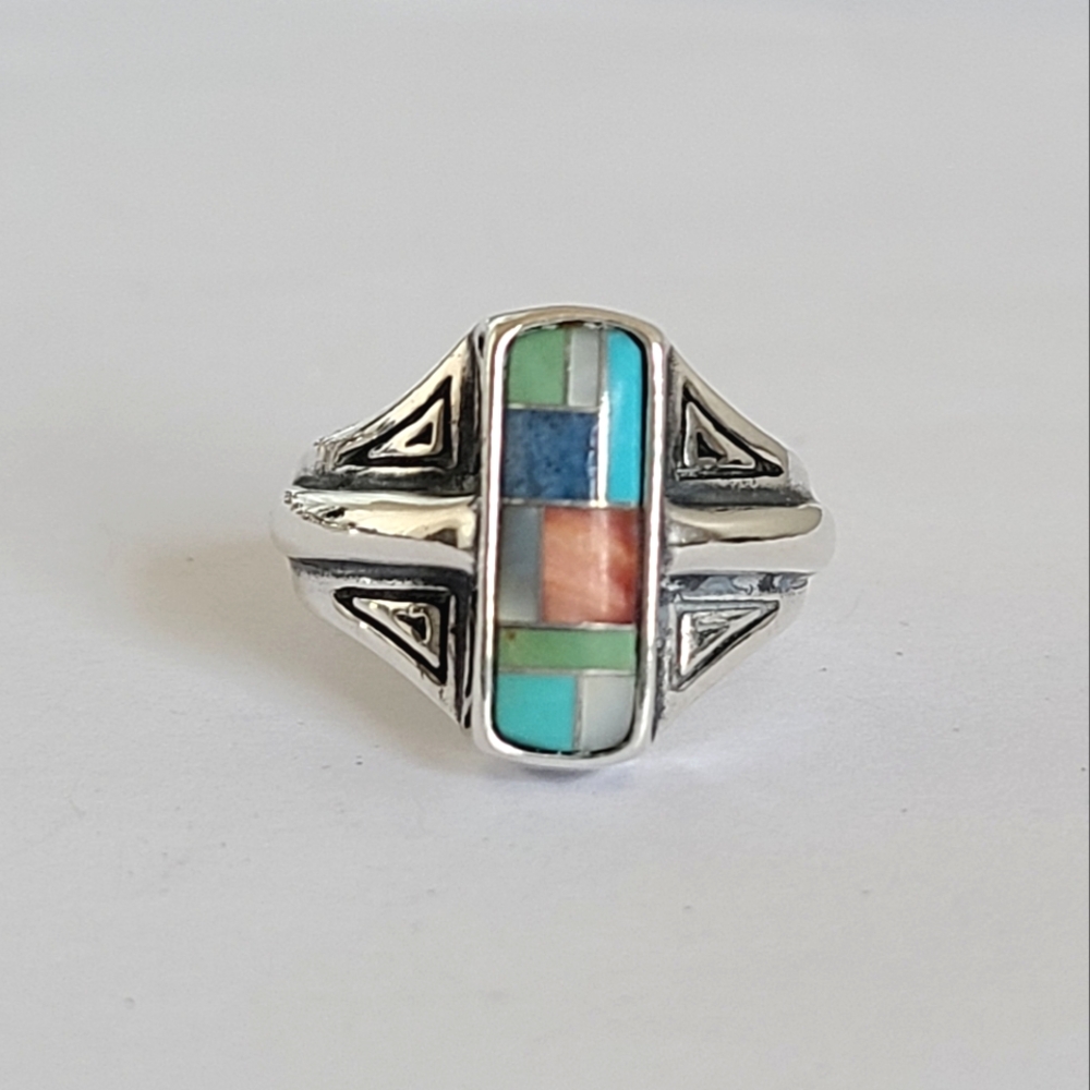 Vintage Boho Carolyn Pollack Relios Inlaid Multi Gemstone Sterling Silver Ring